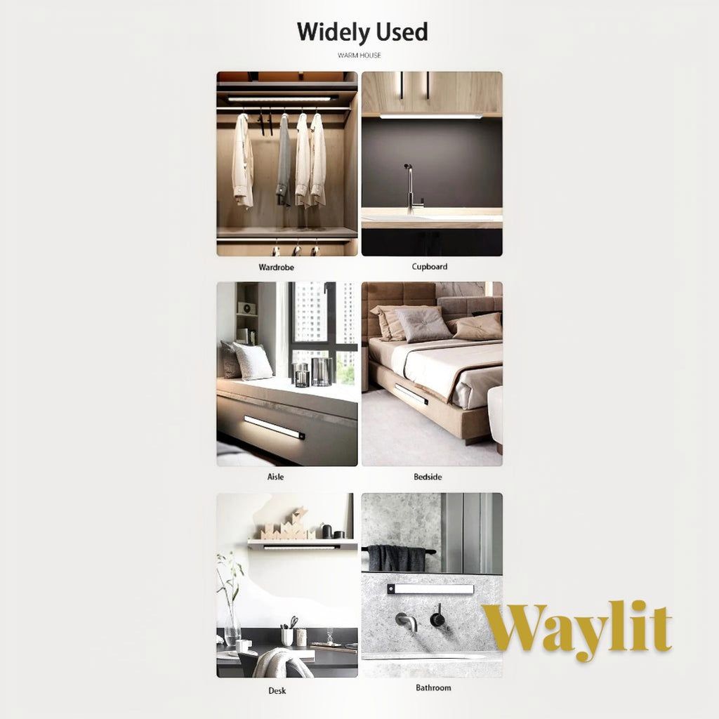 Gr8est Waylit motion sensor LED bar lights installed in wardrobes, kitchens, and bedrooms for automatic illumination.