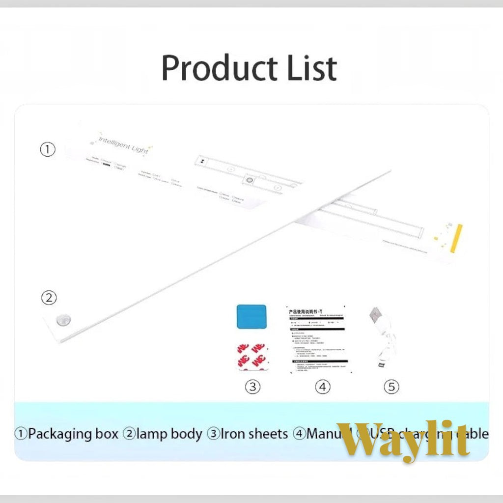 Gr8est Waylit motion sensor LED bar light kit including lamp, adhesive iron sheets, manual, and USB charging cable.