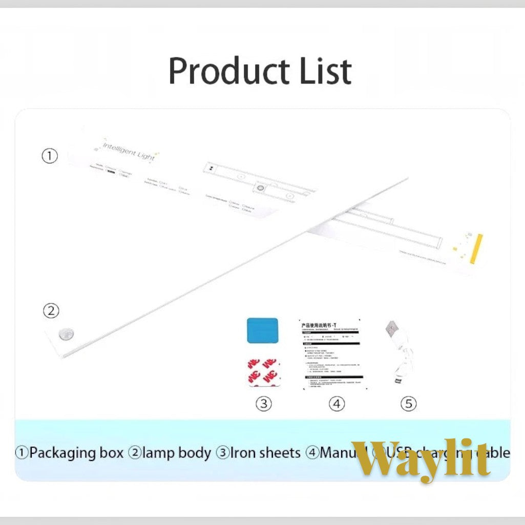 Gr8est Waylit motion sensor LED bar light kit including lamp, adhesive iron sheets, manual, and USB charging cable.