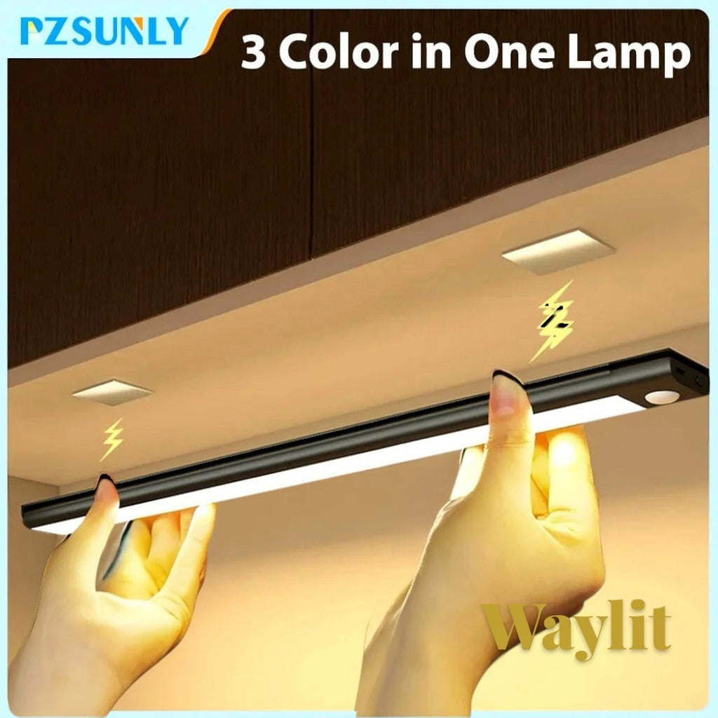 Gr8est Waylit motion sensor LED bar light mounted under a kitchen cabinet with adjustable warm and white lighting.