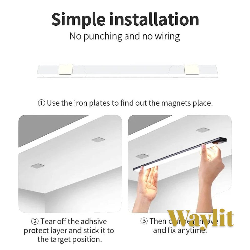 Gr8est Waylit motion sensor LED bar light showing simple adhesive magnetic installation under a cabinet