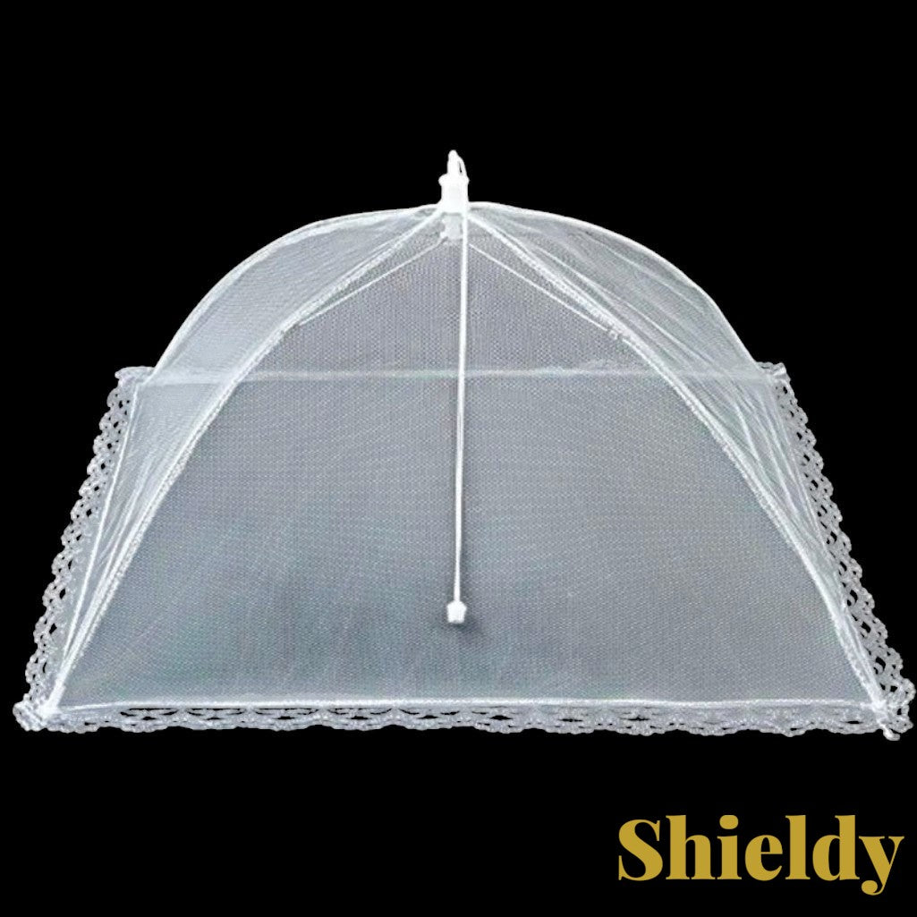 Gr8est white pop-up food mesh cover with lace trim for outdoor picnics and kitchen insect protection
