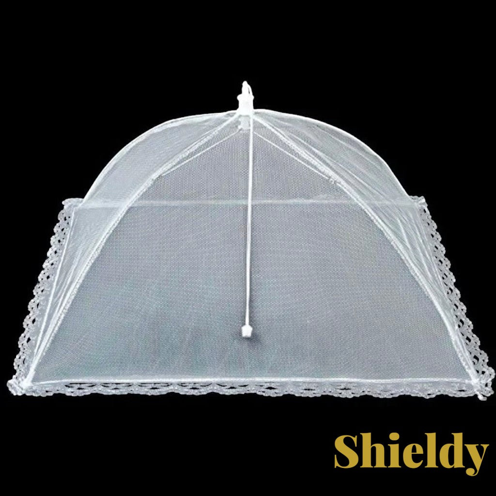 Gr8est white pop-up mesh food cover with lace trim for outdoor picnics and kitchen insect protection.