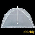 Gr8est white pop-up mesh food cover with lace trim for outdoor picnics and kitchen insect protection.