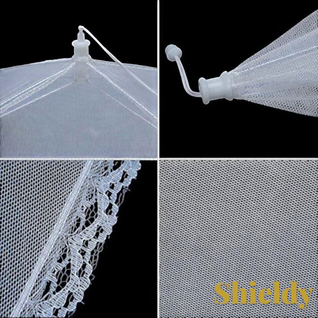 Gr8est white pop-up food mesh cover with lace trim and umbrella mechanism for outdoor picnic protection
