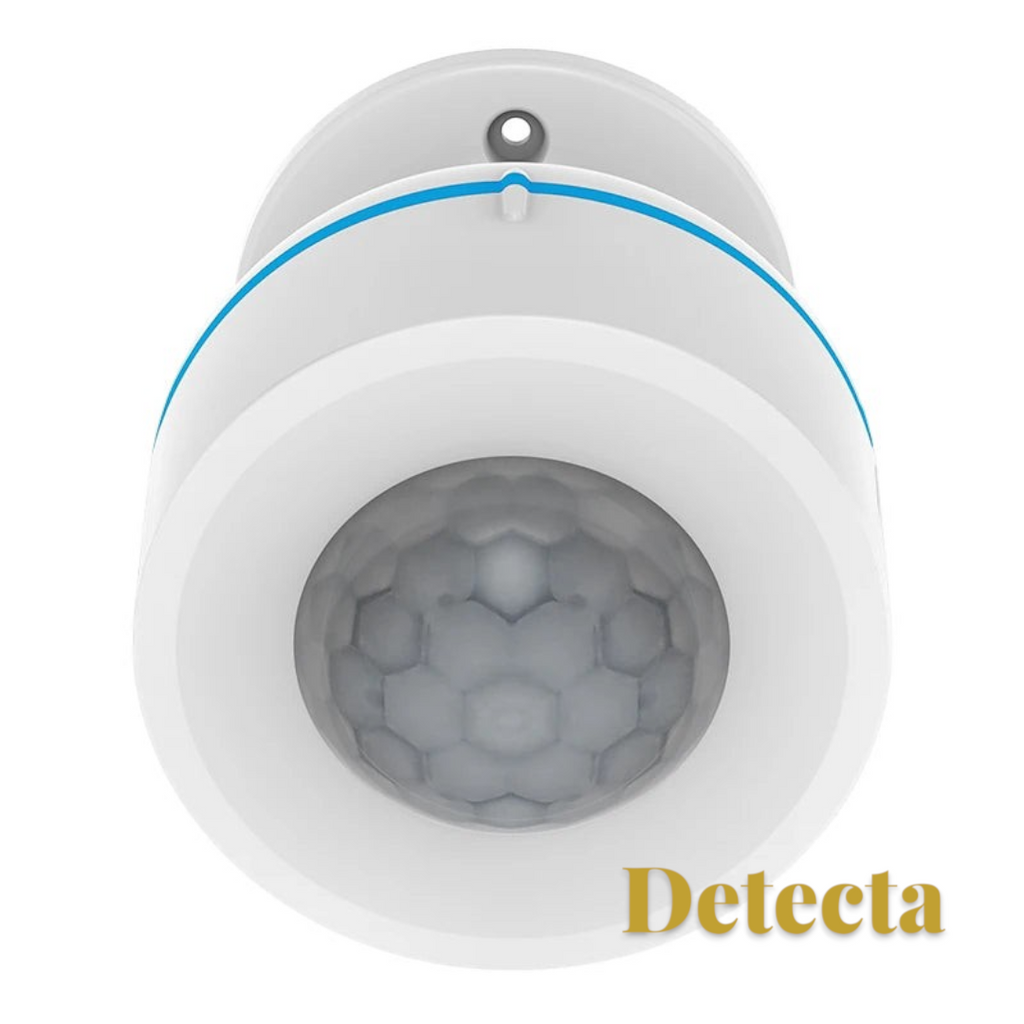 Gr8est white wireless PIR motion sensor with a circular infrared lens for smart home security systems.