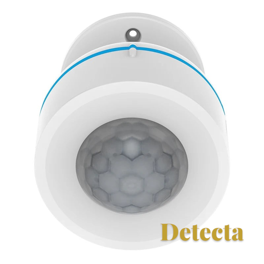 Gr8est white wireless PIR motion sensor with a circular infrared lens for smart home security systems.