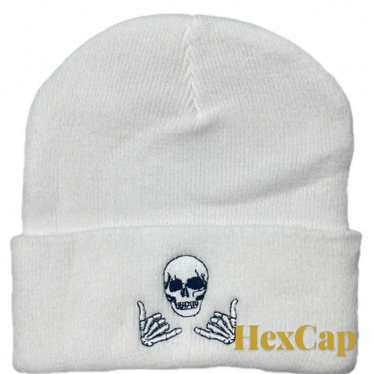 Gr8est white knit beanie with skull embroidery, a casual unisex winter hat for Halloween and autumn outfits.