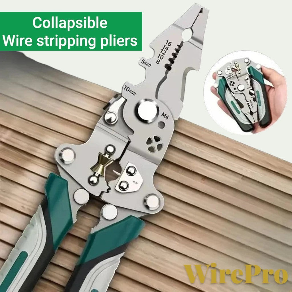 Gr8est WirePro foldable multi-function wire stripper and electrician pliers with green ergonomic non-slip handles.