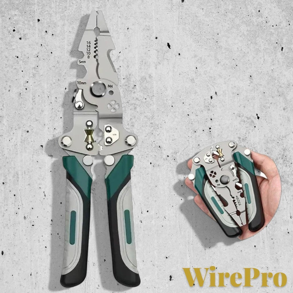 Gr8est WirePro foldable multi-function wire stripper and electrician pliers with ergonomic green and grey handles.