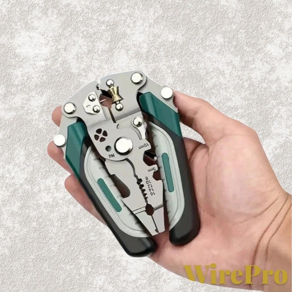 Gr8est WirePro foldable multi-function wire stripper and electrician pliers with green and black ergonomic handles.
