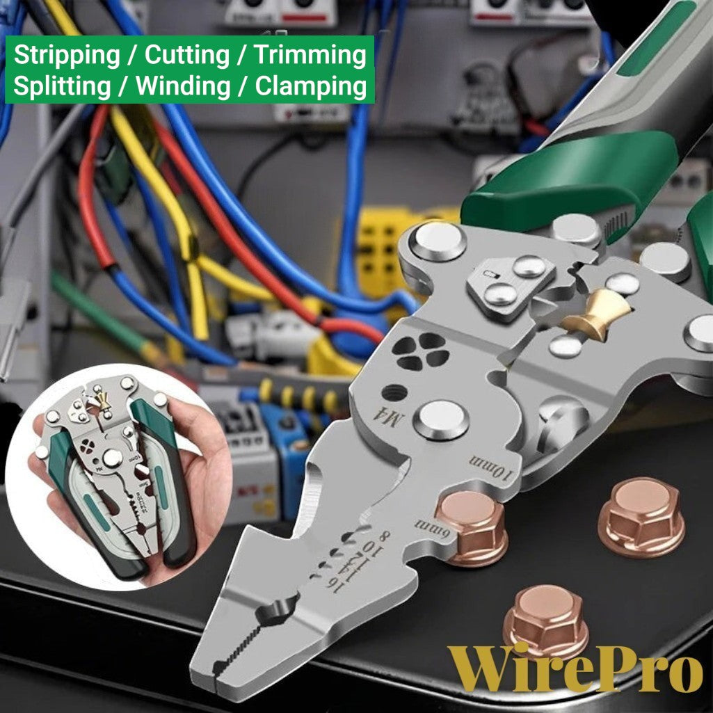 Gr8est WirePro foldable multi-function wire stripper and electrician pliers featuring stainless steel construction.