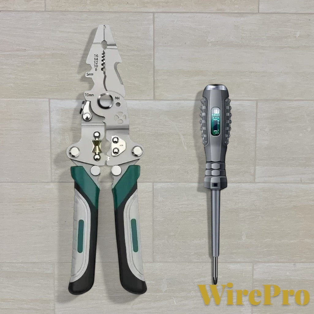 Gr8est WirePro multi-function stainless steel wire stripper pliers and screwdriver set on a tiled surface