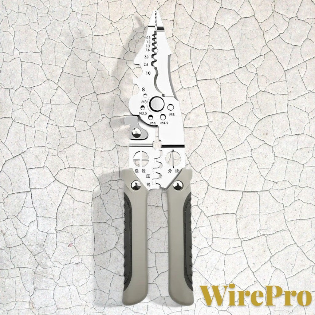 Gr8est WirePro multi-function stainless steel wire stripper and electrician pliers with ergonomic grey handles