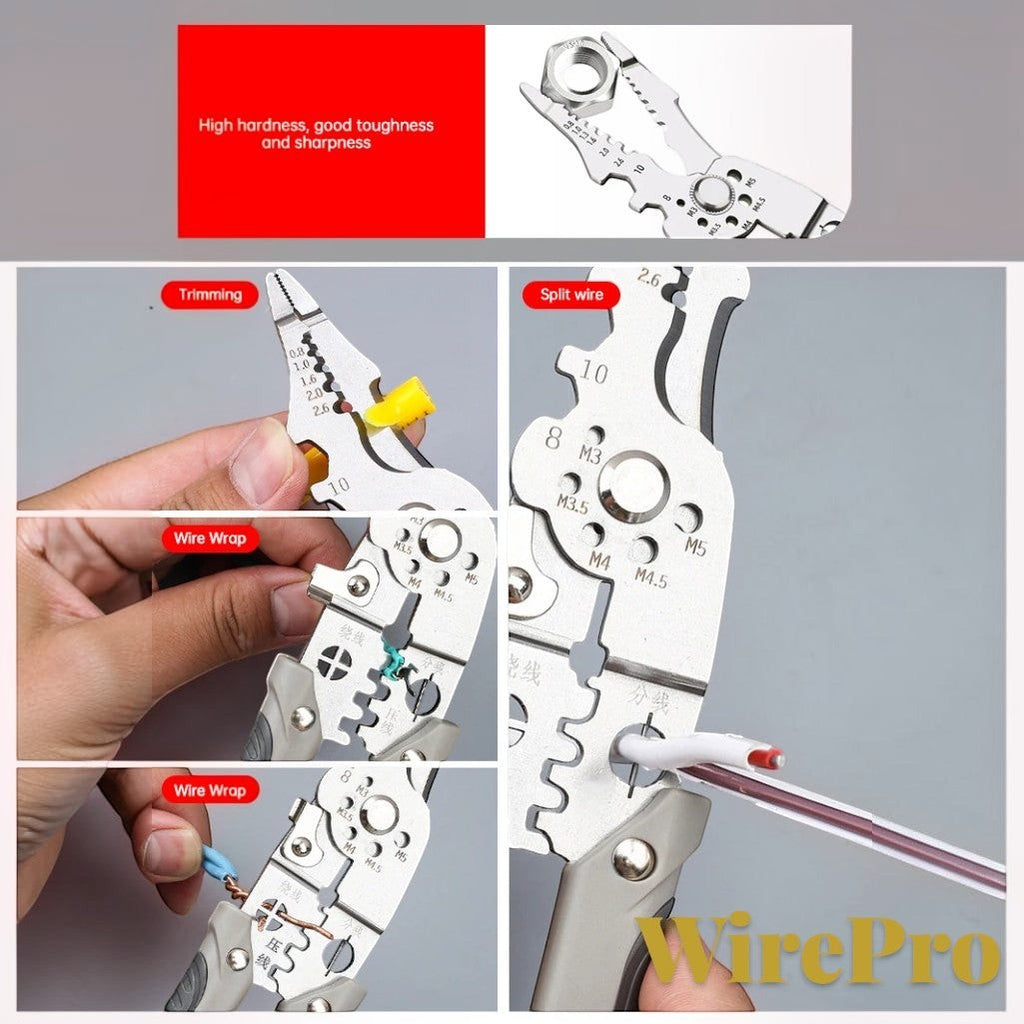 Gr8est WirePro multi-function stainless steel wire stripper and electrician pliers showing various cutting features.