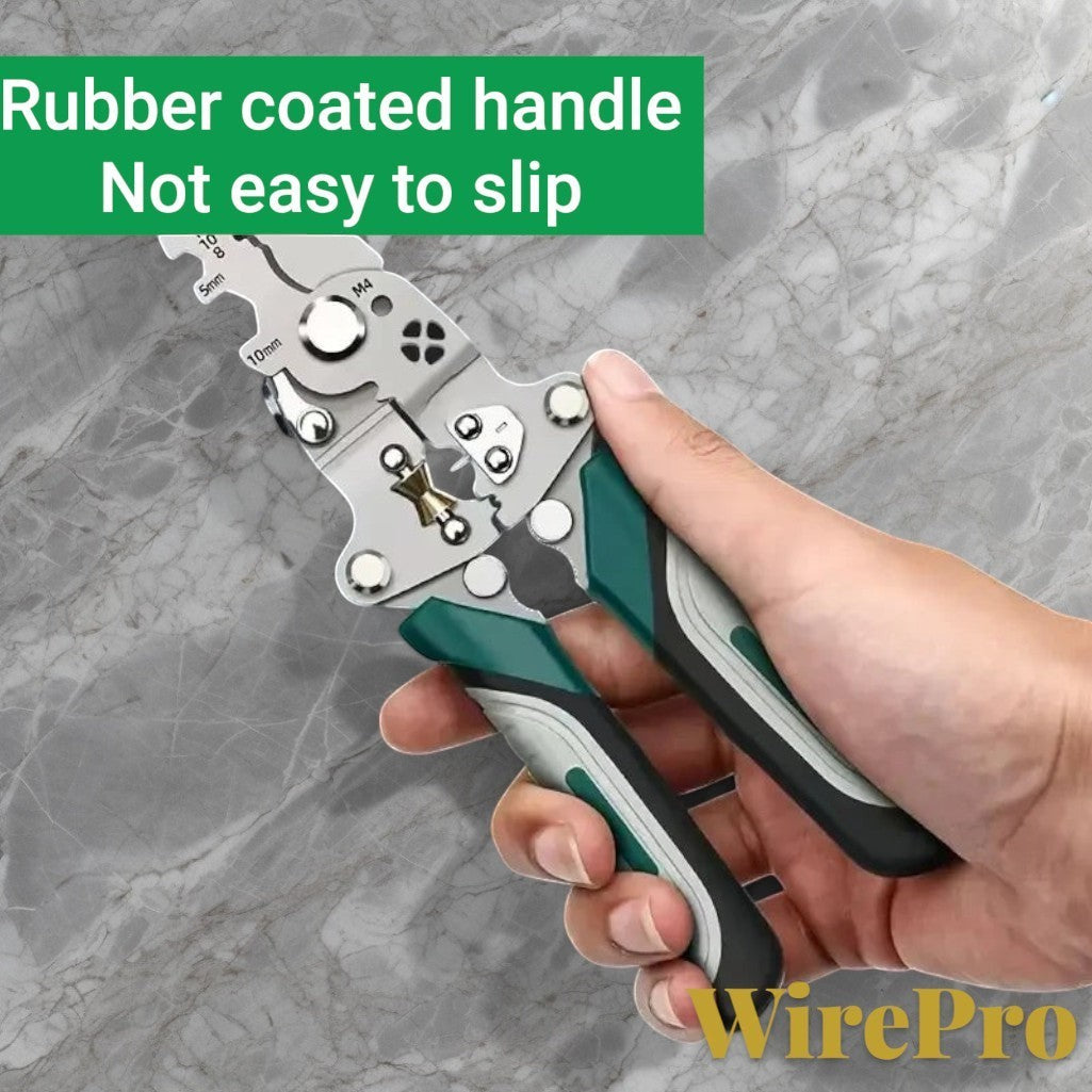 Gr8est WirePro multi-function wire stripper and electrician pliers with ergonomic non-slip rubber coated handles.
