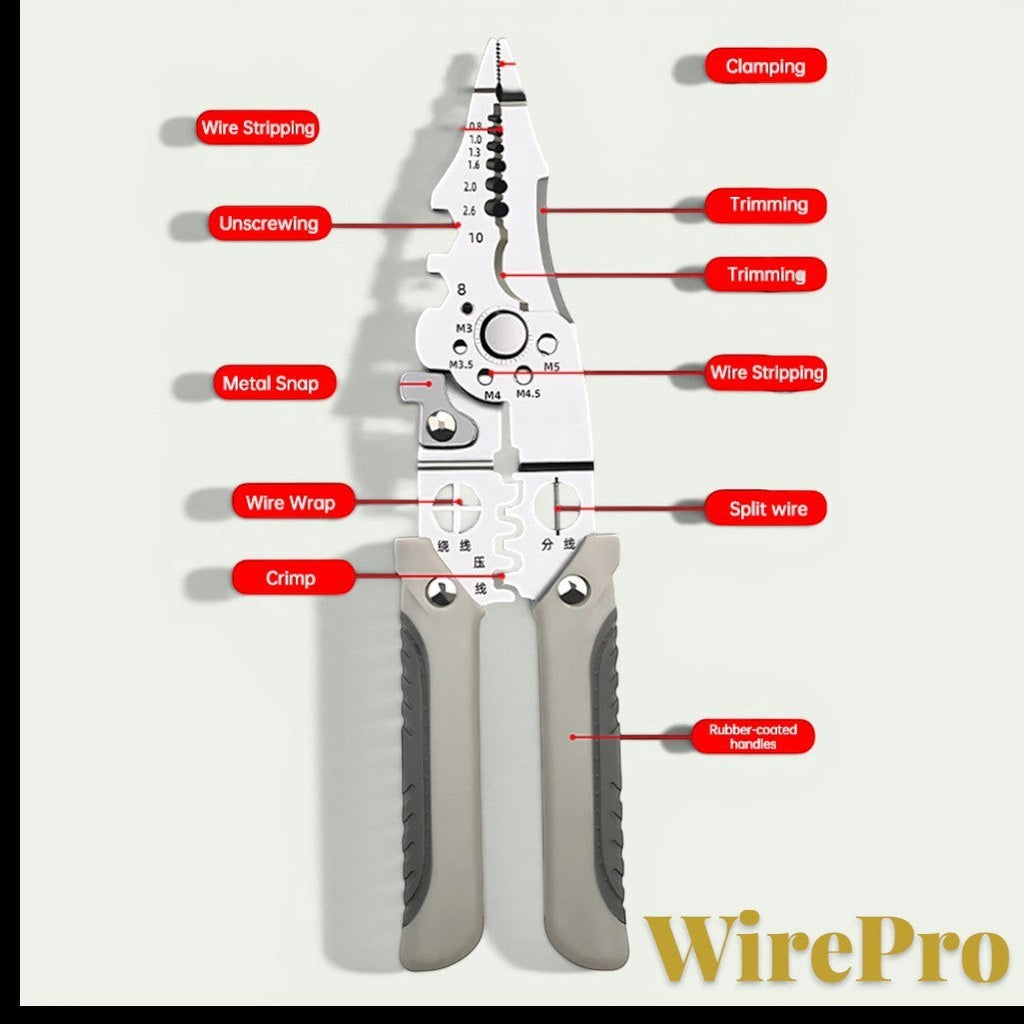 Gr8est WirePro multi-function stainless steel wire stripper and electrician pliers with rubber-coated handles