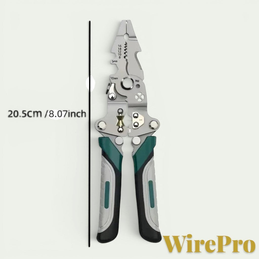 Gr8est WirePro multi-function stainless steel wire stripper and electrician pliers with ergonomic green-grey handles