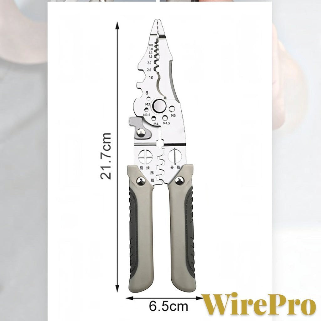 Gr8est WirePro stainless steel multi-function wire stripper and electrician pliers with ergonomic grey handles
