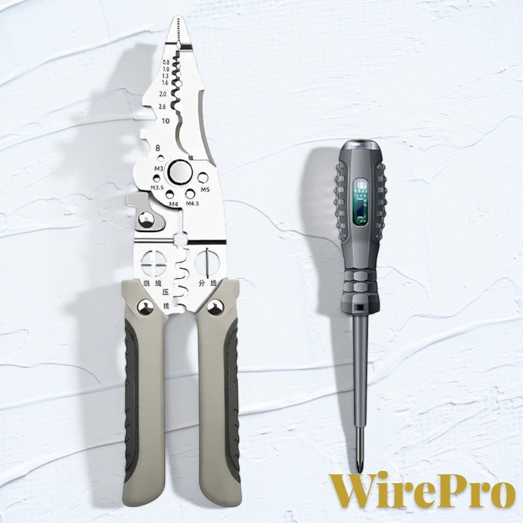 Gr8est WirePro multi-function stainless steel wire stripper pliers and screwdriver set on a white textured surface