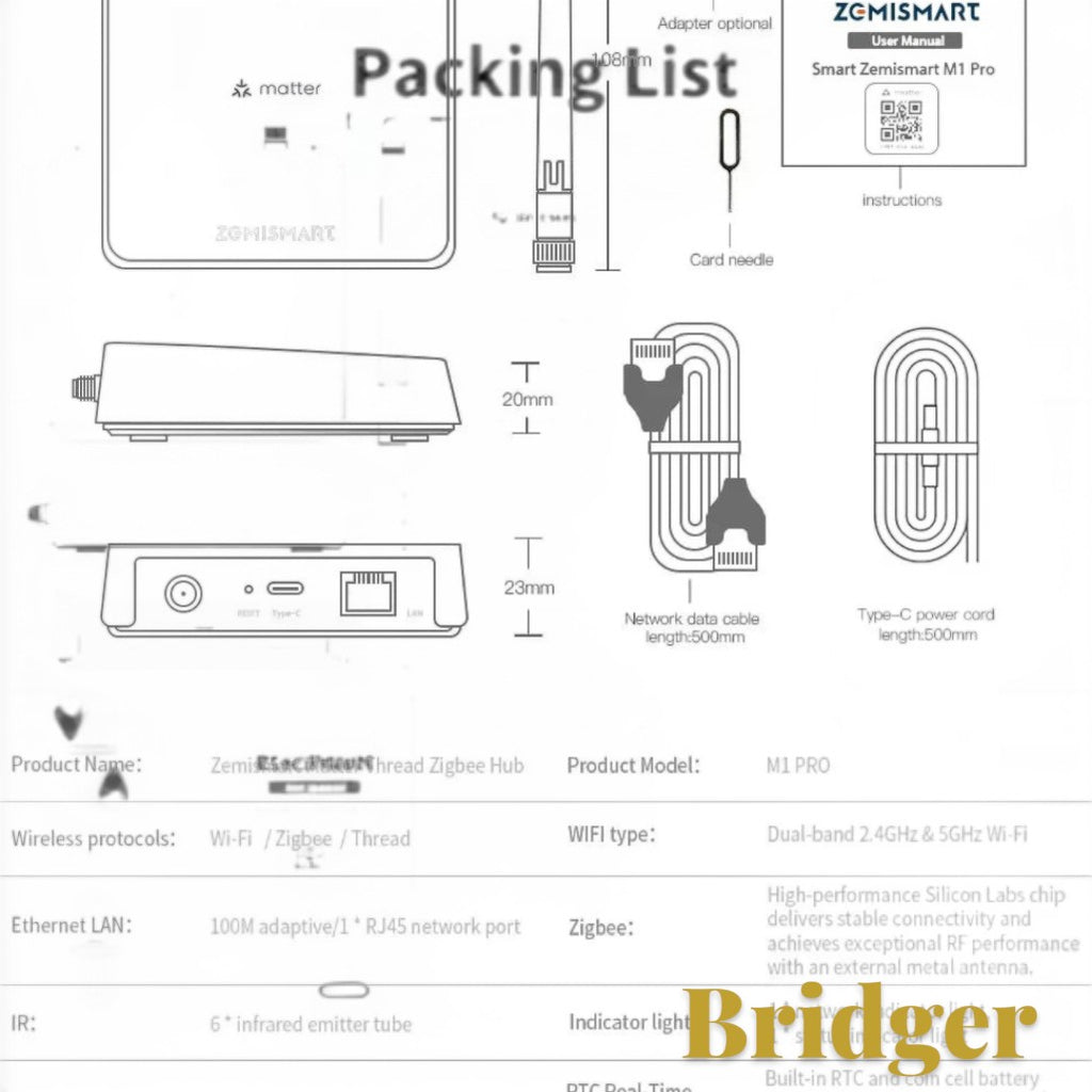 Gr8est Zemismart M1 Pro smart home hub technical diagram showing device dimensions, ports, and included accessories.