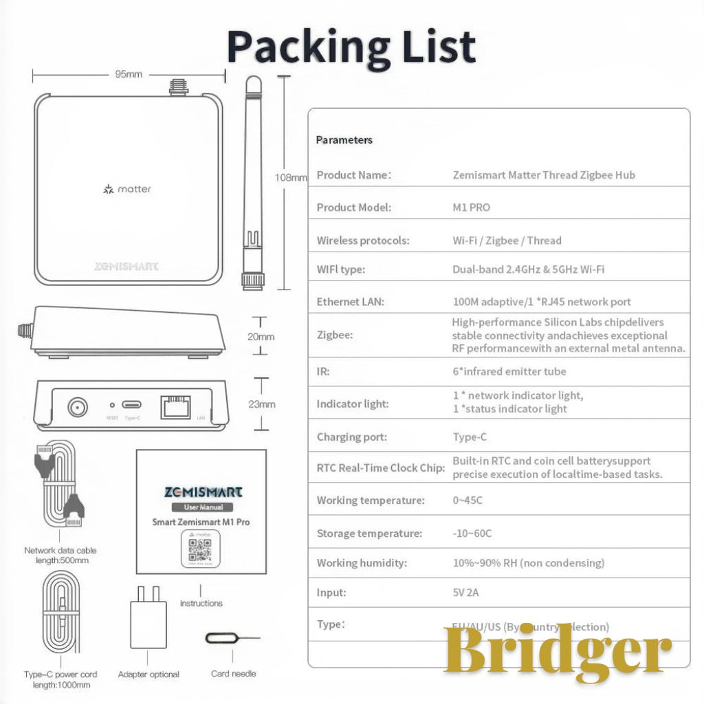Gr8est Zemismart M1 Pro smart home hub packing list showing device dimensions, components, and technical specifications.