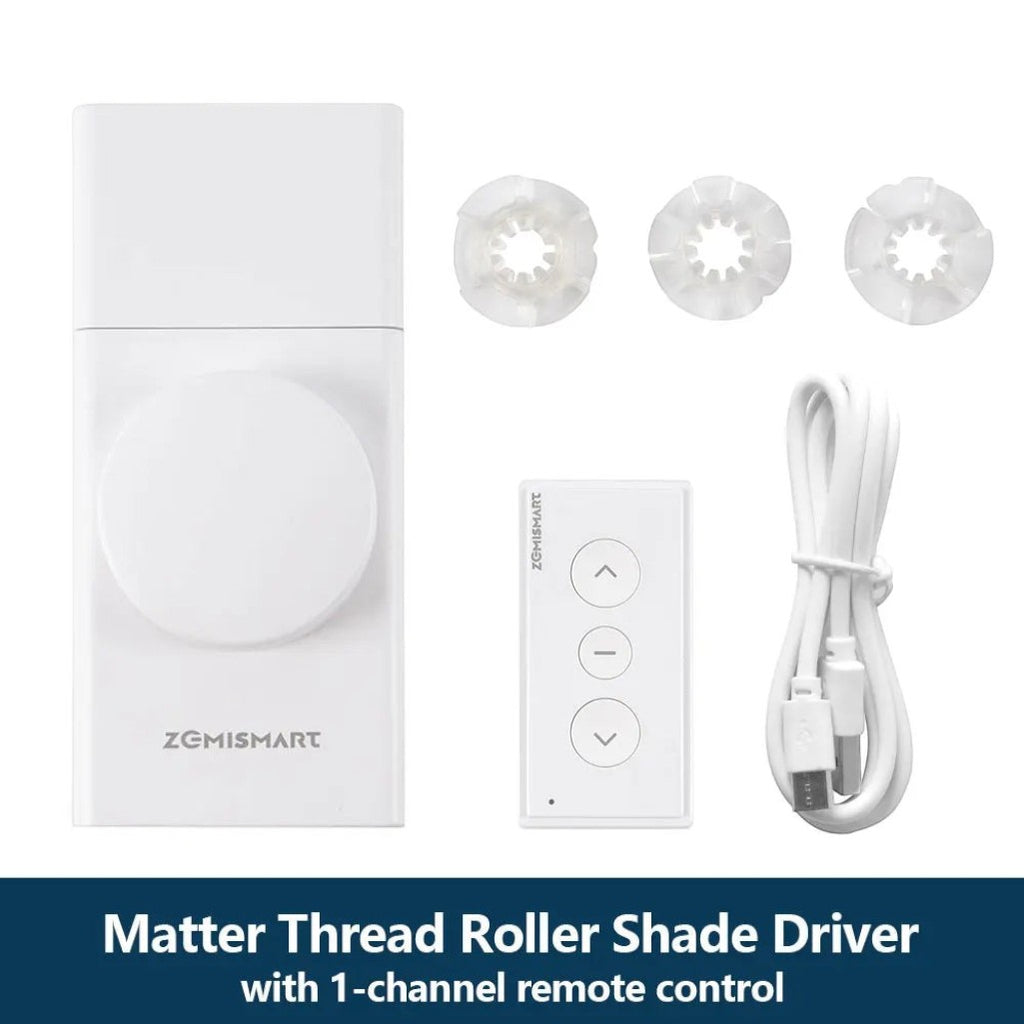Gr8est Zemismart Matter Thread smart roller shade driver kit with remote, charging cable, and three bead wheel adapters.