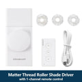 Gr8est Zemismart Matter Thread smart roller shade driver kit with remote, charging cable, and three bead wheel adapters.