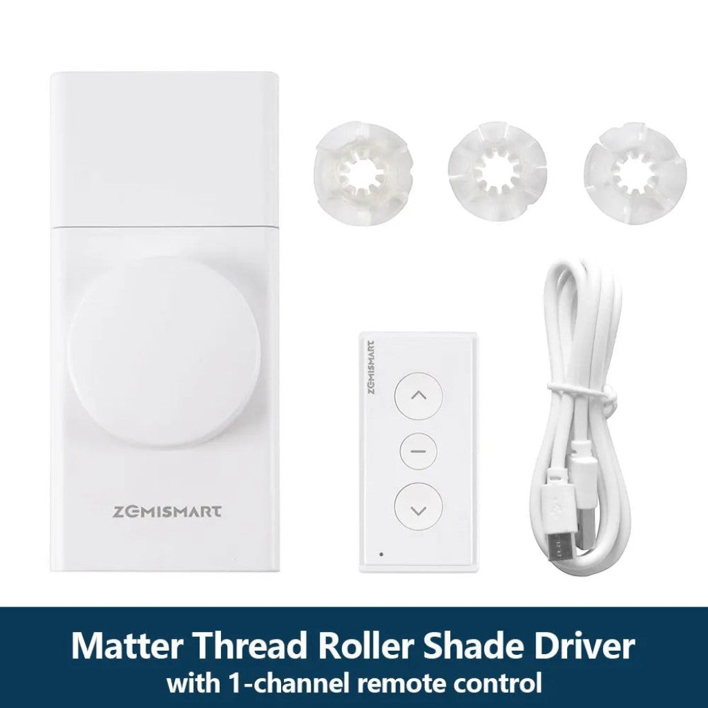 Gr8est Zemismart Matter Thread smart roller shade driver kit with remote, charging cable, and three bead wheel adapters.