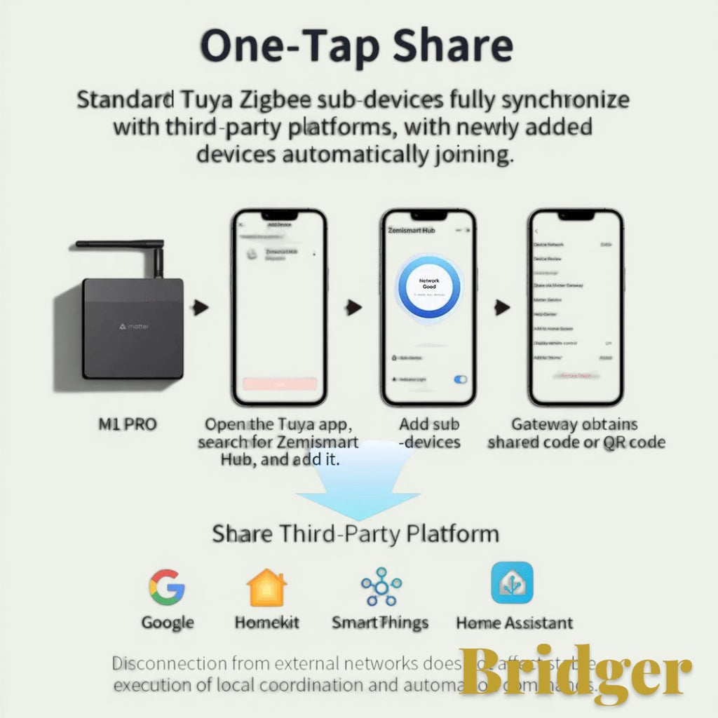 Gr8est Zemismart M1 Pro Matter Thread Zigbee gateway hub setup guide showing app integration and platform sharing