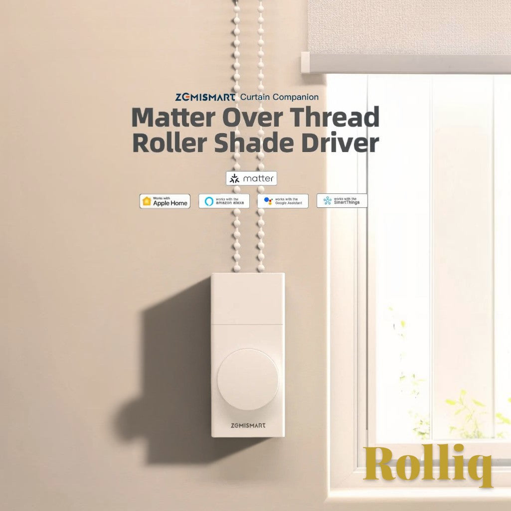 Gr8est Zemismart Rolliq Matter Thread smart roller shade driver installed on a beaded chain by a window