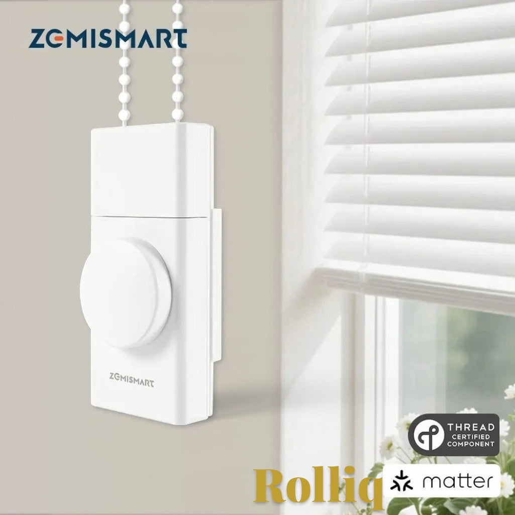 Gr8est Zemismart Rolliq white smart roller shade driver with manual knob control and beaded chain installed on window