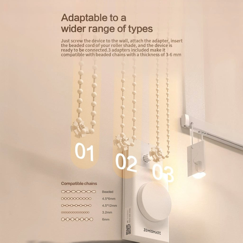 Gr8est Zemismart smart roller shade driver showing three interchangeable bead wheel adapters for various chain sizes